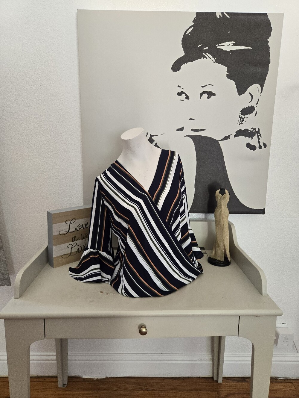 NWT Womens Davi & Dani Striped V-Neck Wrap Blouse in Navy and White Size Small